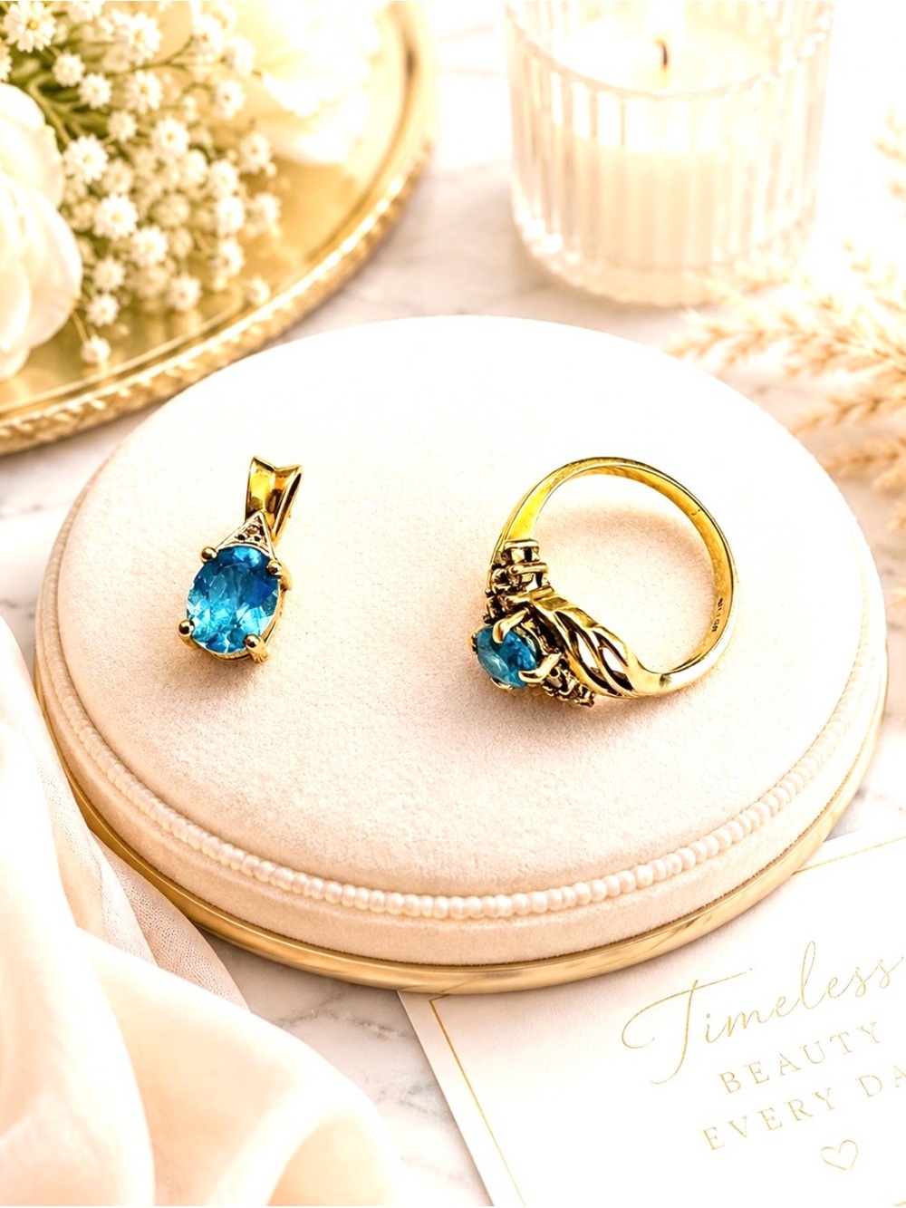 RING/PENDANT SET ~ Gold Blue Topaz Pendant and Ring Set 14K Yellow Gold